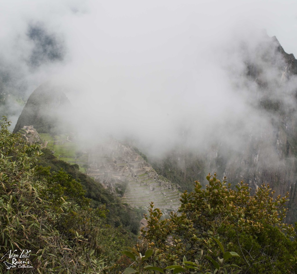 A first misty view of Machu Picchu